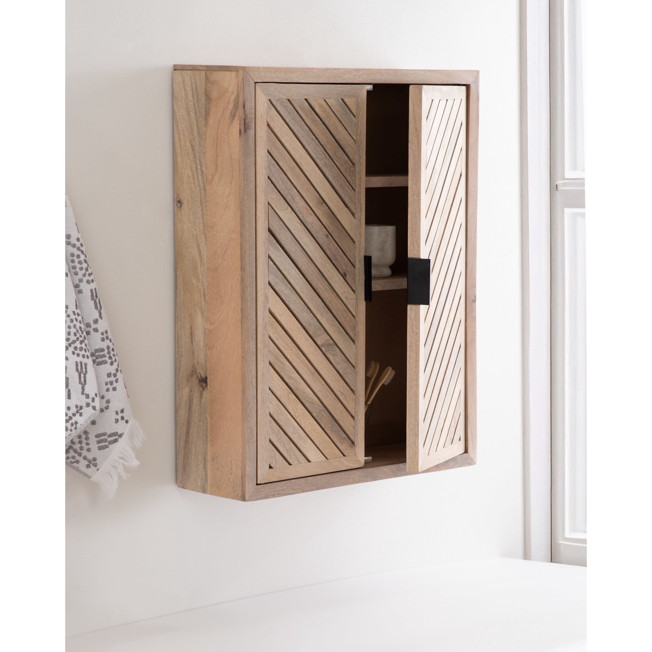 Kate and Laurel Mezzeta Decorative Modern Two-Door Floating Bathroom Cabinet, 22 x 7 x 28, Natural Wood, Decorative Solid Mango Wood Over the Toilet Storage Cabinet with Slatted Chevron Design