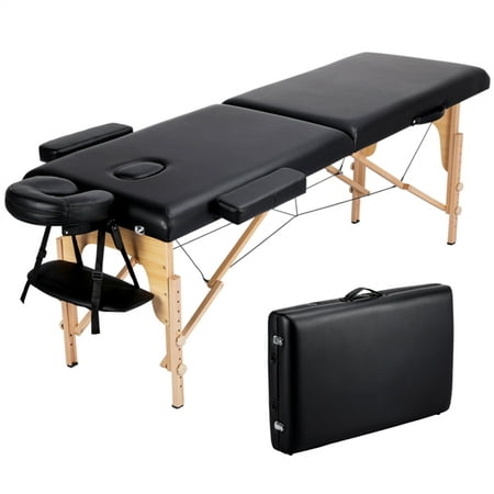 Portable Wooden 2 Sections Massage Table Folding Massage Bed Couch with Headrest/Armrest/Hand Pallet