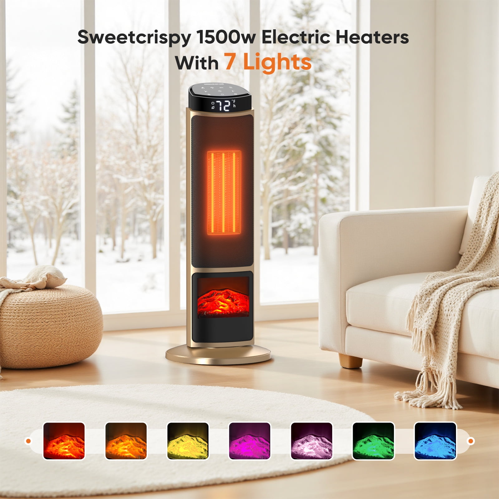 CONCETTA Tower Space Heater with Fireplace Effect – Oscillating Function, Remote Control, 1500W Heating,Gold