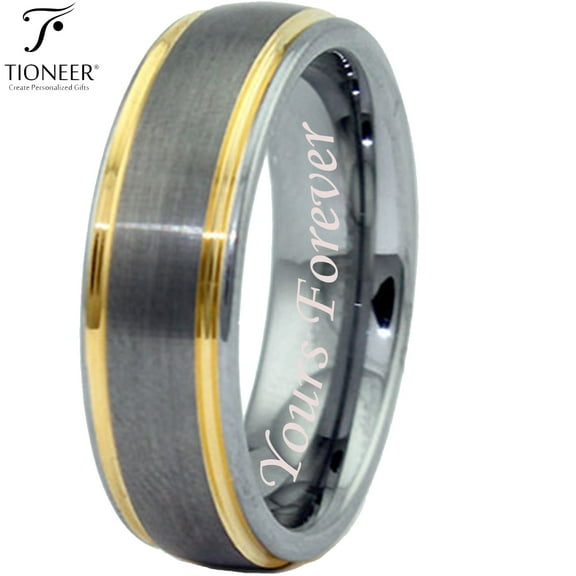 Tioneer Tungsten Carbide Dual Groove Gold Plated Edge Men Women Wedding Band Ring7mmYours Forever Engraved
