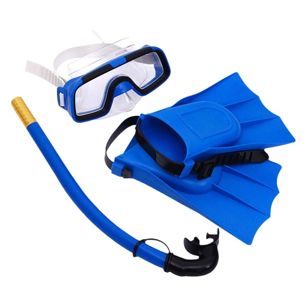 GOOHOCHY Gafas de buceo para niños, juego de esnórquel, esnórquel al aire libre, tubo de respiración, aletas de silicona para nadar, máscara de buceo (azul)