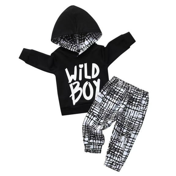 Infant Baby boy Clothes Long Sleeve Letter Hooded Tops Long Pants Outfits Set Black 6-9 Months