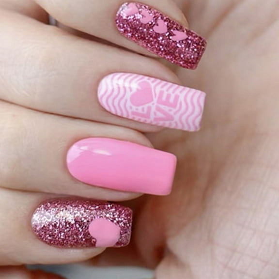 Medium Square False Nail Love Heart Stick on Nails Valentines Day Press On Nails