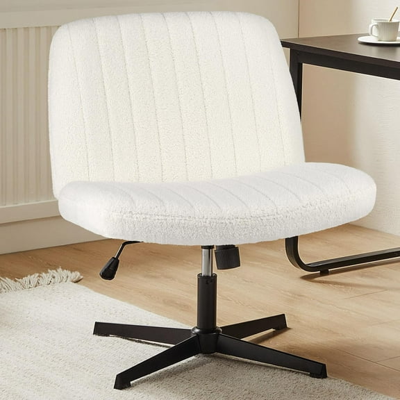 Criss Cross Chair Legged, Armless Office Wide Desk Chair No Wheels, Swivel Vanity Height Adjustable Fabric Modern Computer Task Seating for Home - Teddy Beige
