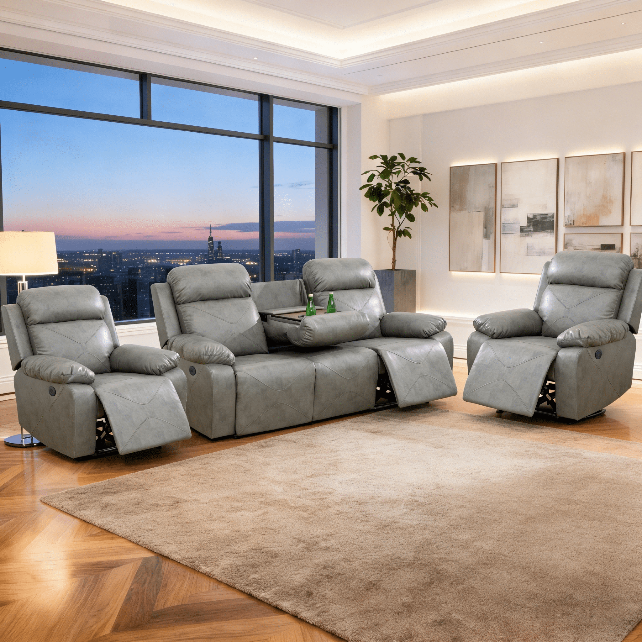 Gewnee 3-Seater Power Adjustable Sofa with Two Chaises, Console and Cup Holders, Air Leather and High-Elastic Sponge, Adjustable Recline, Perfect for Living Room,Silver