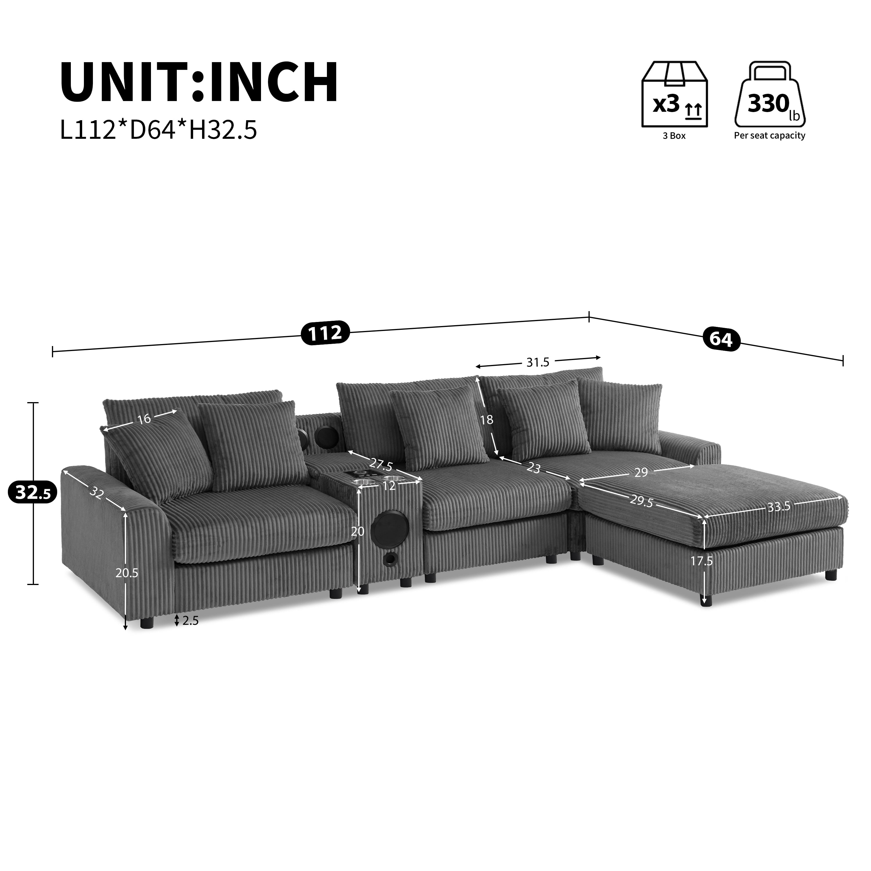 Sectional Sofa, Modular Sofa, L-Shape Couch, Corduroy Sofa with Console, Integrated Audio and Movable Ottoman, Dark Gray