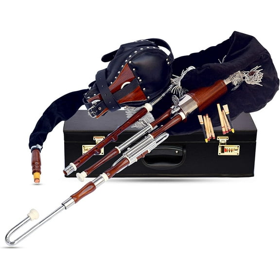 Irish Uilleann pipe Half set Seasoned Rosewood Chanter main stocks with drone, Rosewood bellows leather strapped and Bag black velvet sliver fringe