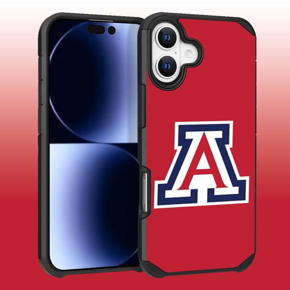 Apple iPhone 16 (6.1) - Licensed NCAA University of Arizona Wildcats Logo on Red Textured Dual Layer Case