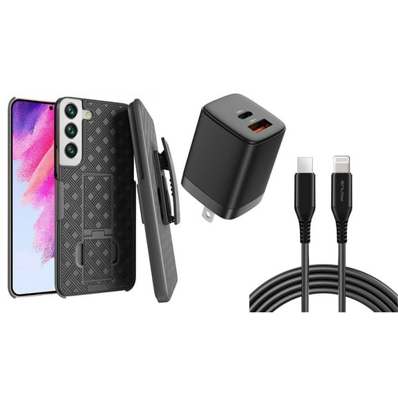 Belt Clip Case and Fast Home Charger Combo for Samsung Galaxy S22 - Swivel Holster PD Type-C Power Adapter 6ft Long USB-C Cable Kickstand Cover 2-Port Quick Charge