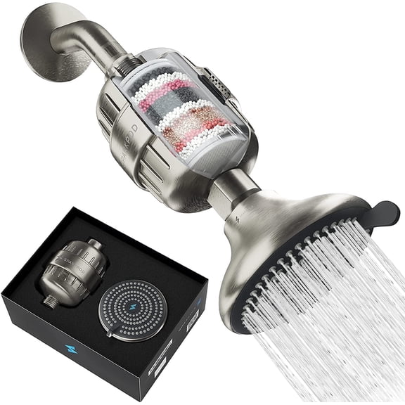 SparkPod 23-Stage Filtered Shower Head, 3 Modes, Fixed Mount, High-Pressure Shower Head (Brushed Nickel)