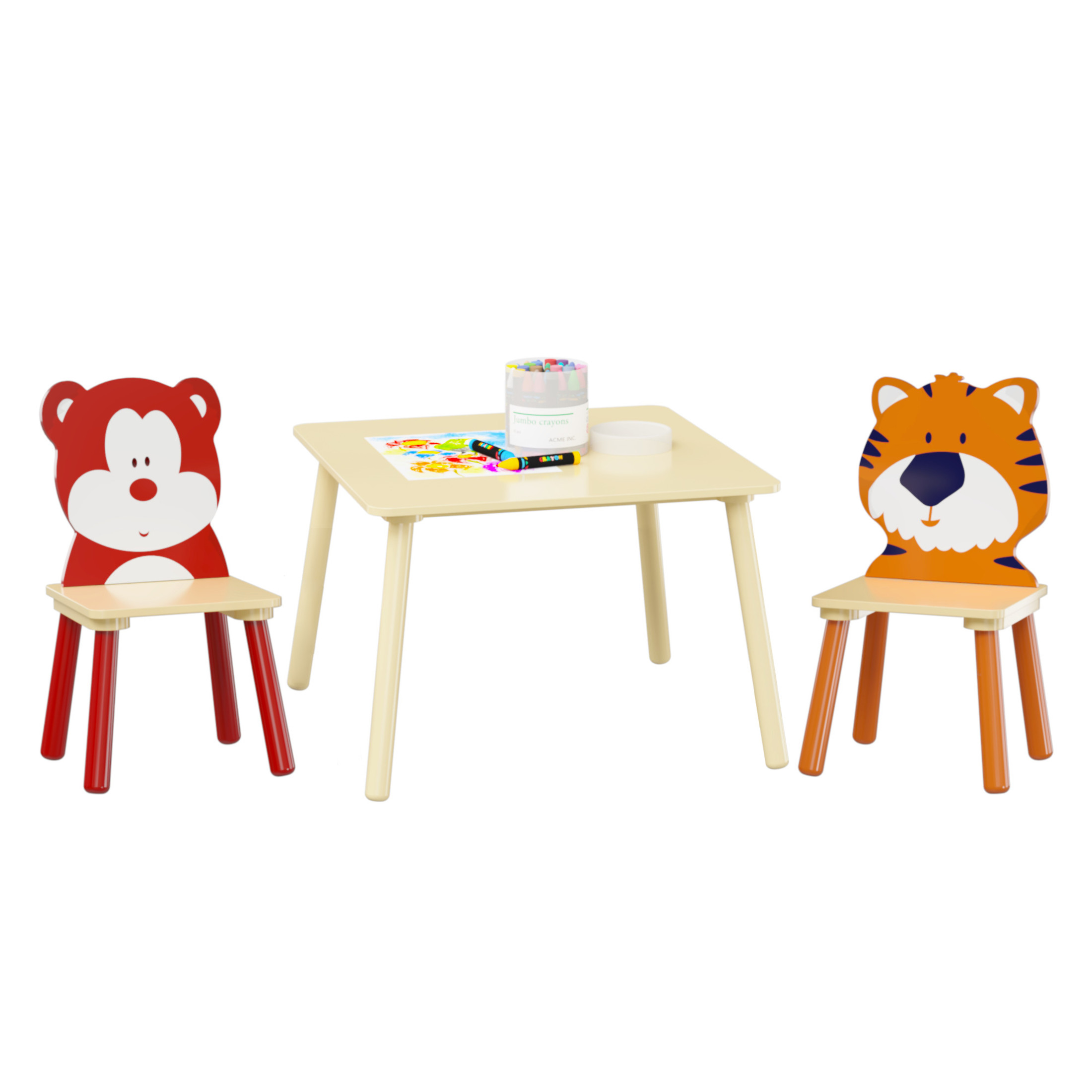 Noble House 3-Piece Kids Table and 2 Chairs Set, Solid Wood Cartoon Play Table, Play Room, Bear & Tiger, Natural