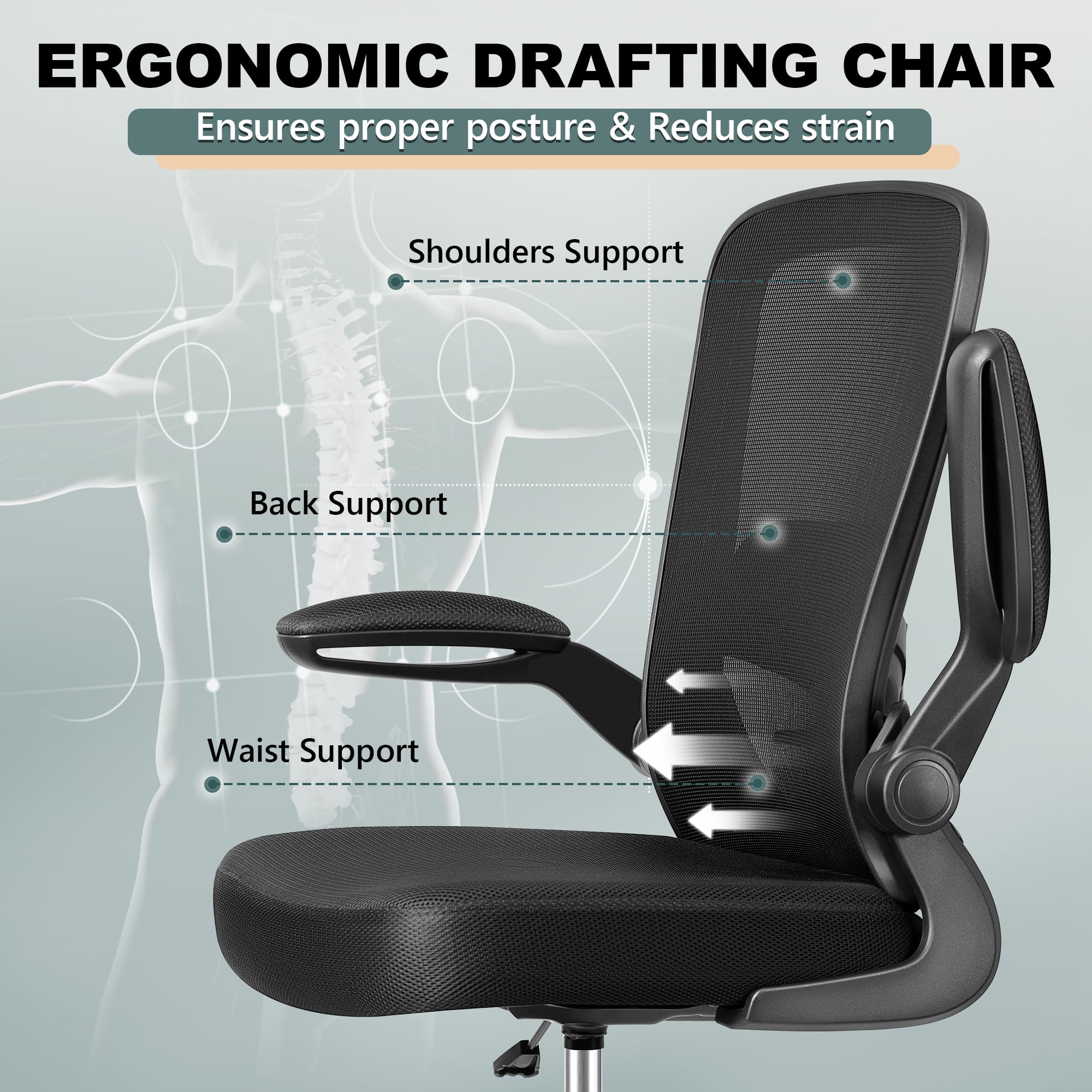 COOLHUT Home Office Chair with Flip-up Armrests for Standing Desk, Ergonomic Computer Office Desk Chair with Adjustable Foot Ring, Office Desk Chairs with Adjustab Lumbar Support for Workplanc, Black