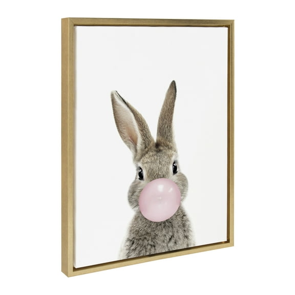 Kate and Laurel Sylvie Bubble Gum Bunny Framed Canvas Wall Art by Amy Peterson Art Studio, 18x24 Gold, Cute Whimsical Animal Art for Wall