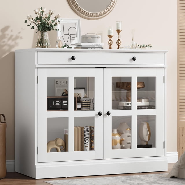 Modern Sideboard Buffet Cabinet with Sliding Glass Doors and Storage Drawer – Multi-Functional Credenza for Dining Room, Kitchen, or Living Room – Perfect for Dishes, Decor, Coffee Bar – Color: White