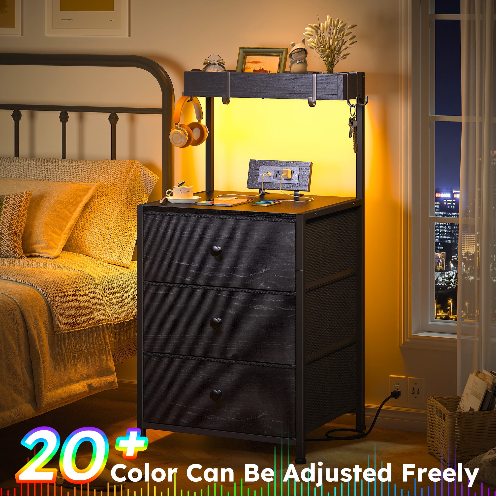 Romorgniz Set of 2 Tall Nightstands with Charging Station,LED Lights,3 Drawers & 4 Hooks,Bedside Tables with Outlets for Bedroom,Black