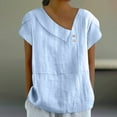 thumbnail image 2 of Aboser Asymmetrical Shirts for Women Trendy Cotton Linen Tops Dressy Casual Short Sleeve T Shirt Solid Color Beach Blouse Breathable Cozy Tunic Top Light Blue L, 2 of 7