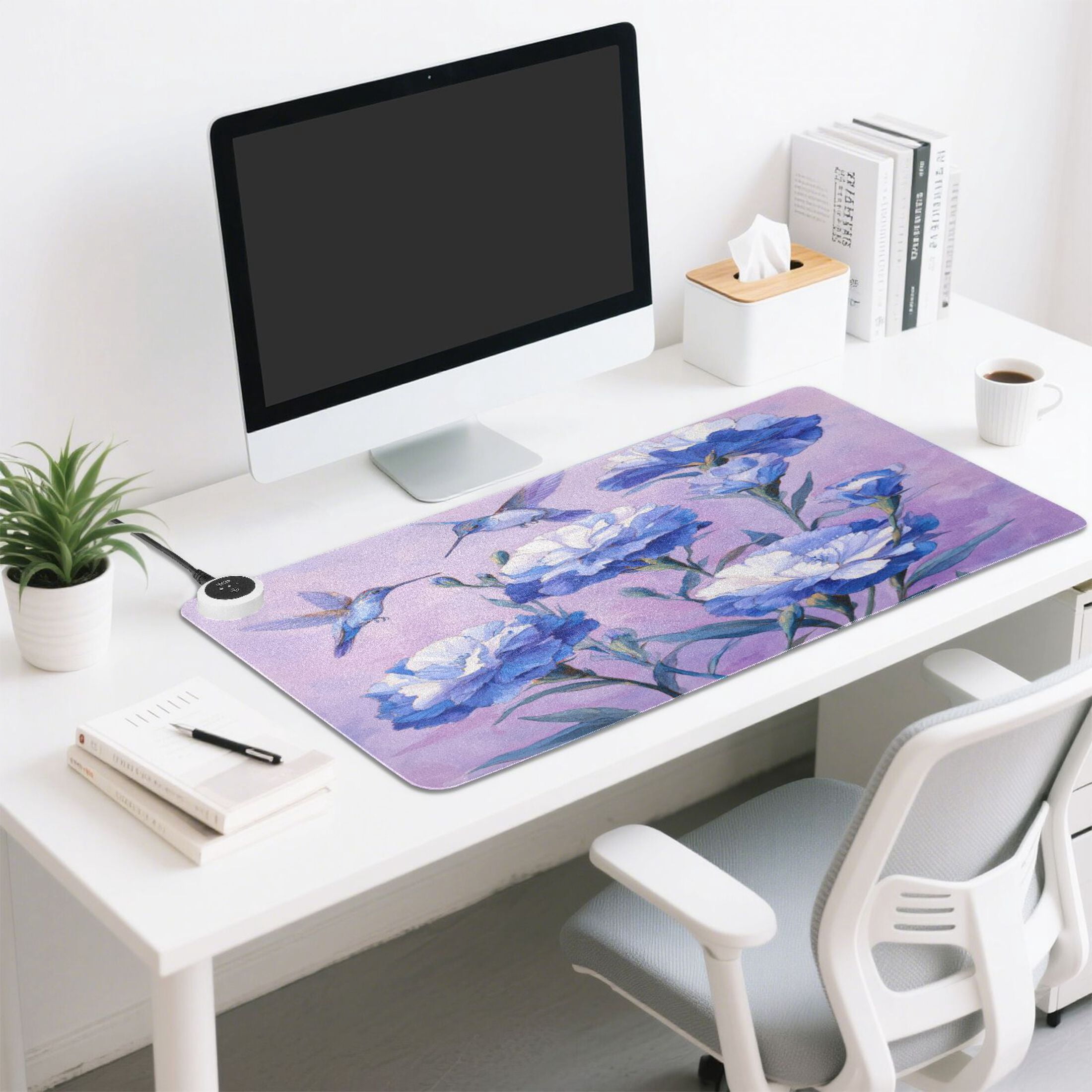Large Heated Desk Mat Mouse Pad 31.5"x13"PU Leather Graphene Heating Desk Warmer with 3 Temperature Settings 110V US Plug Non-Slip Warm Pad for Home, Office, and Gaming Birds and Deep Blue Flowers