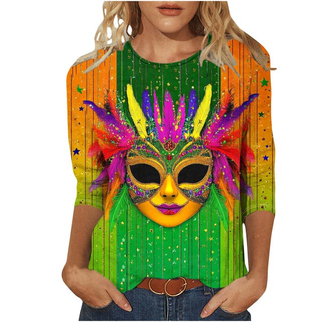 Penkiiy Blouse de Carnaval Manches 3/4 Chemise de Printemps Tee Quotidien Imprimé Masque Blouse Mardi Gras Col Rond 2024 Tee Tunique Habillée 2TG Multicolore
