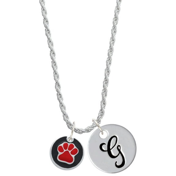 Delight Jewelry Silvertone Red Paw on Black Disc Silvertone Script Initial Disc - G - Charm Necklace, 20"+3"