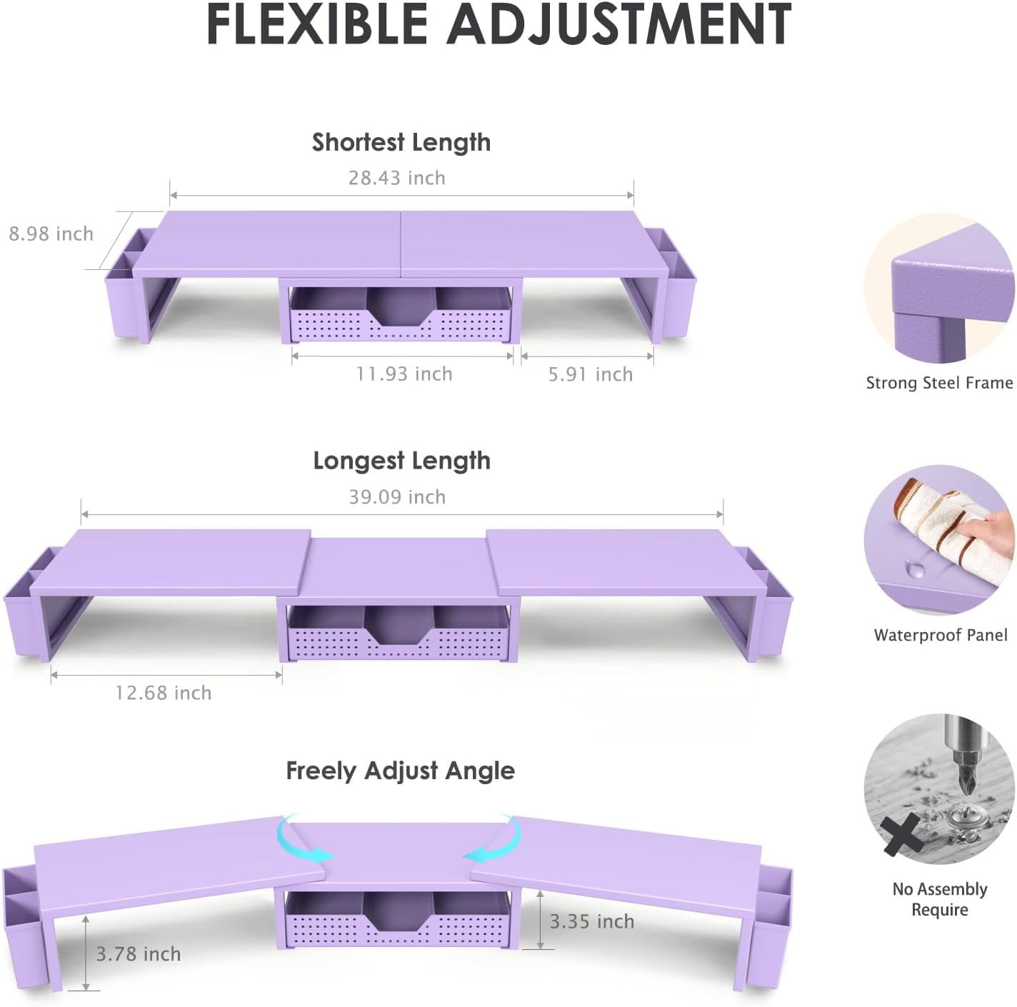 Desk Organizers and Accessories, Dual Computer Monitor Stand Riser with Drawer and 2 Pen Holders, Office Desk Accessories, Workspace Desktop Organization for Office Supplies (Purple Metal )