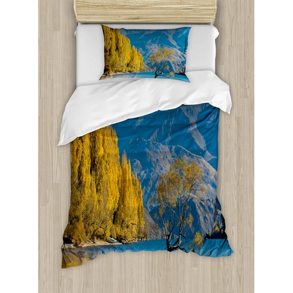 Nature Duvet Cover Set, Sunken Tree Lake on Mountain Range Exquisite Rural New Zealand Scenery, Decorative 2 Piece Bedding Set with 1 Pillow Shams, Twin Size, Earth Yellow Pale Blue, by Ambesonne