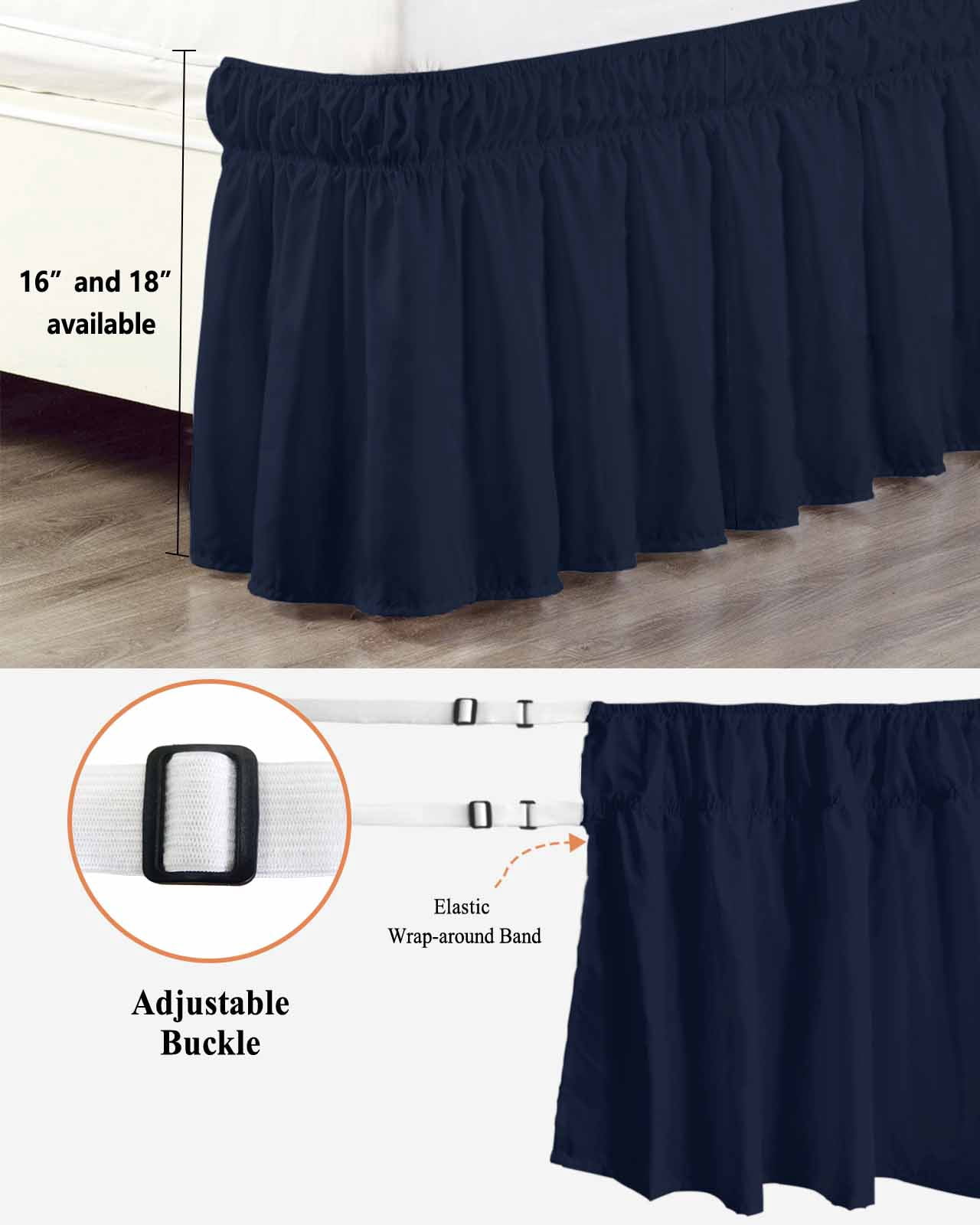 Solid Color Bed Skirt Dark Blue Bed Skirts Queen Size 18 Inch Drop, Wrap Around Dust Ruffle&nbsp;Bedskirt with Adjustable Elastic Belt for Queen Size Beds