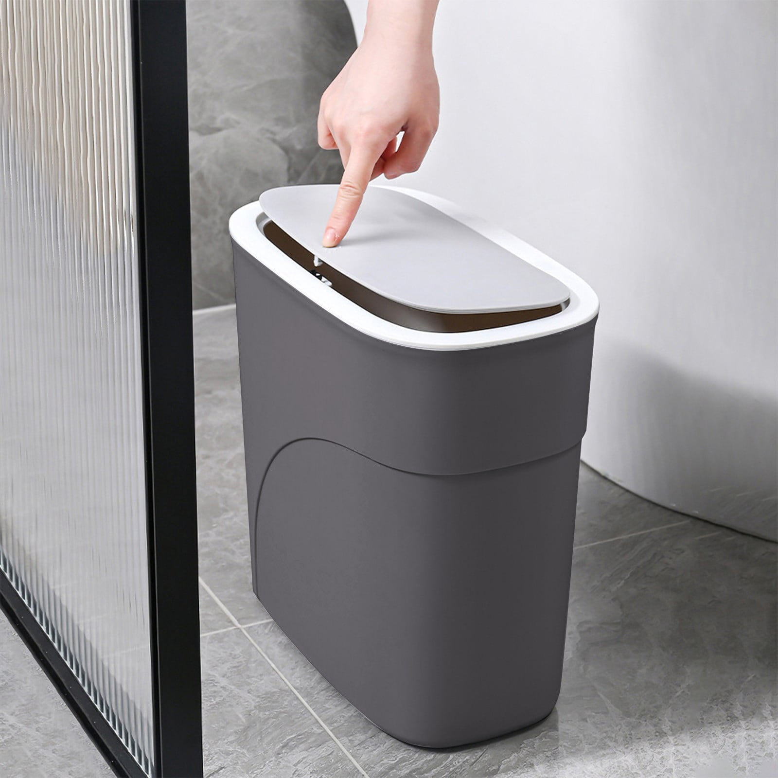 Bilqis Bathroom Trash Can with Lid, Plastic Wastebasket with Pop-Up Lid, Slim Plastic Garbage Bin for Dorm, Office, Bedroom, Kitchen, Living Room
