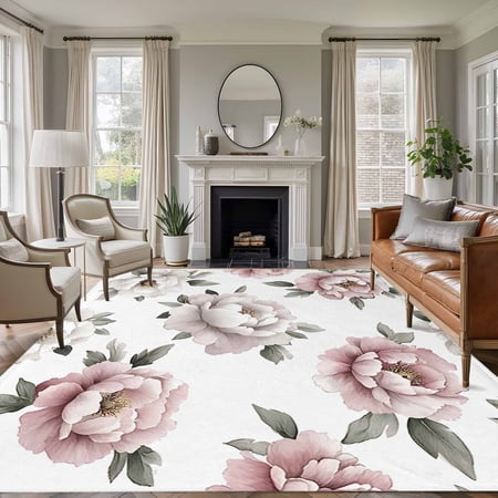 Non-Slip Rug Pad Rugs Watercolor Pink Flower on White Rectangle Area Rugs 8x10Ft Soft Carpet Pads for Living Room Kids Room Garden Green Leaves