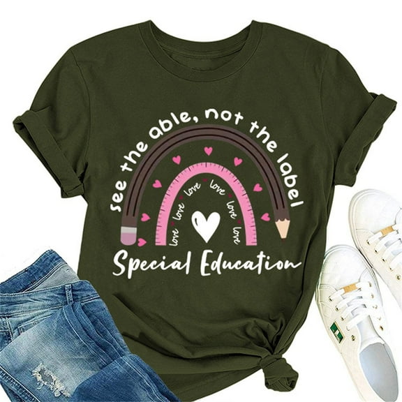 Baqcunre Graphic Tees Women See The Able Not The Label T Shirt Cute Rainbow Graphic Tees Casual Short Sleeve Shirt Funny Teacher Gift Shirts Womens T Shirts Workout Tops For Women Army Green L