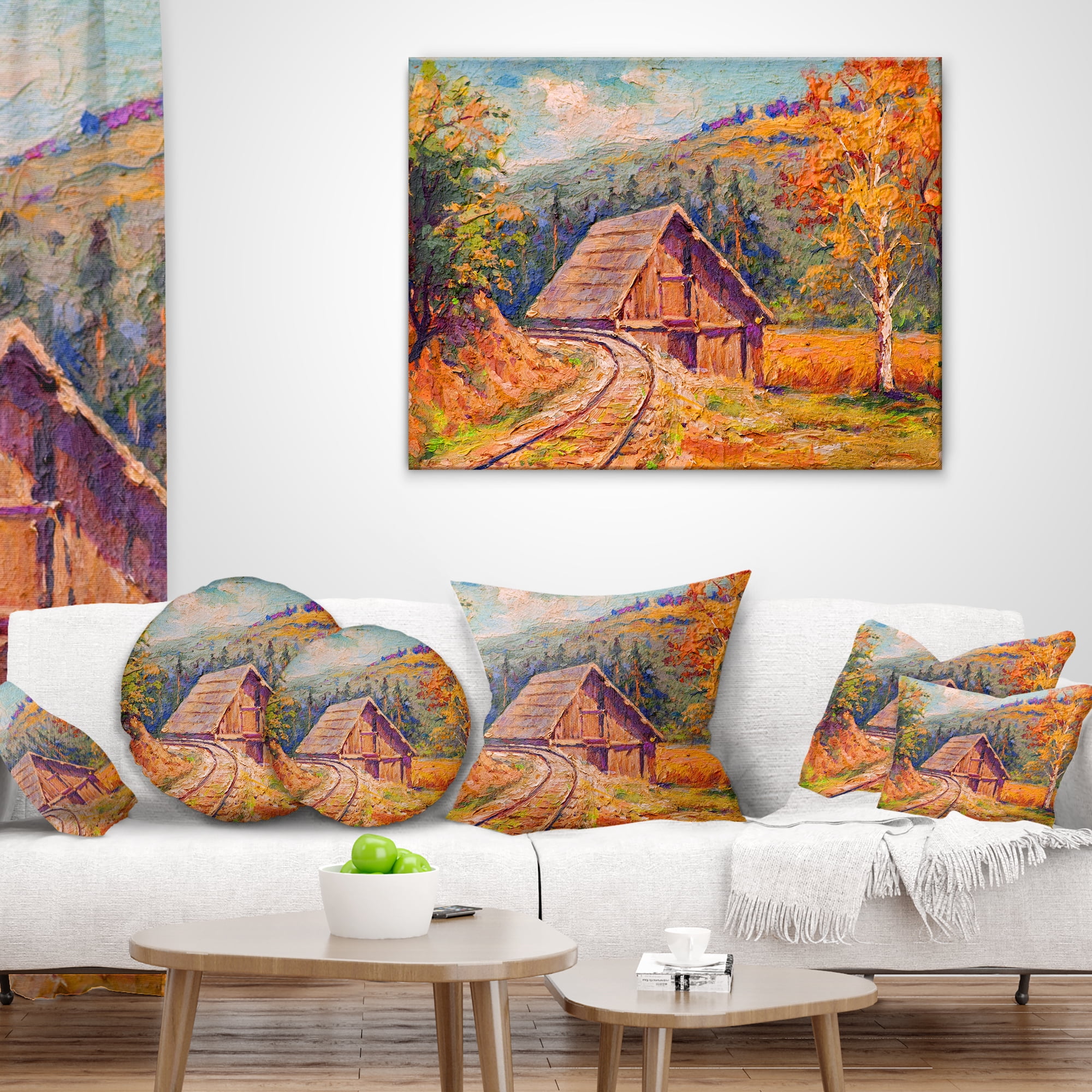 Designart Railway Track in Village - Landscape Printed Throw Pillow - 16x16