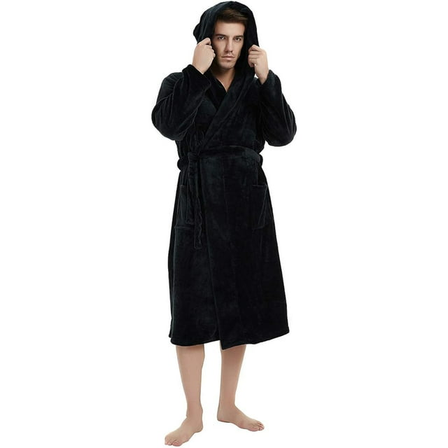 U2SKIIN Mens Hooded Robe, Plush Soft Warm Mid Length Fleece Bathrobe for Men,(Black,S-M)