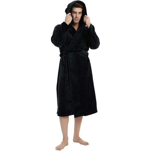 U2SKIIN Peignoir à Capuche pour Homme, Peignoir en Molleton Mi-Long Doux, Chaud et Pelucheux pour Hommes, (Noir, 2TG-3TG)