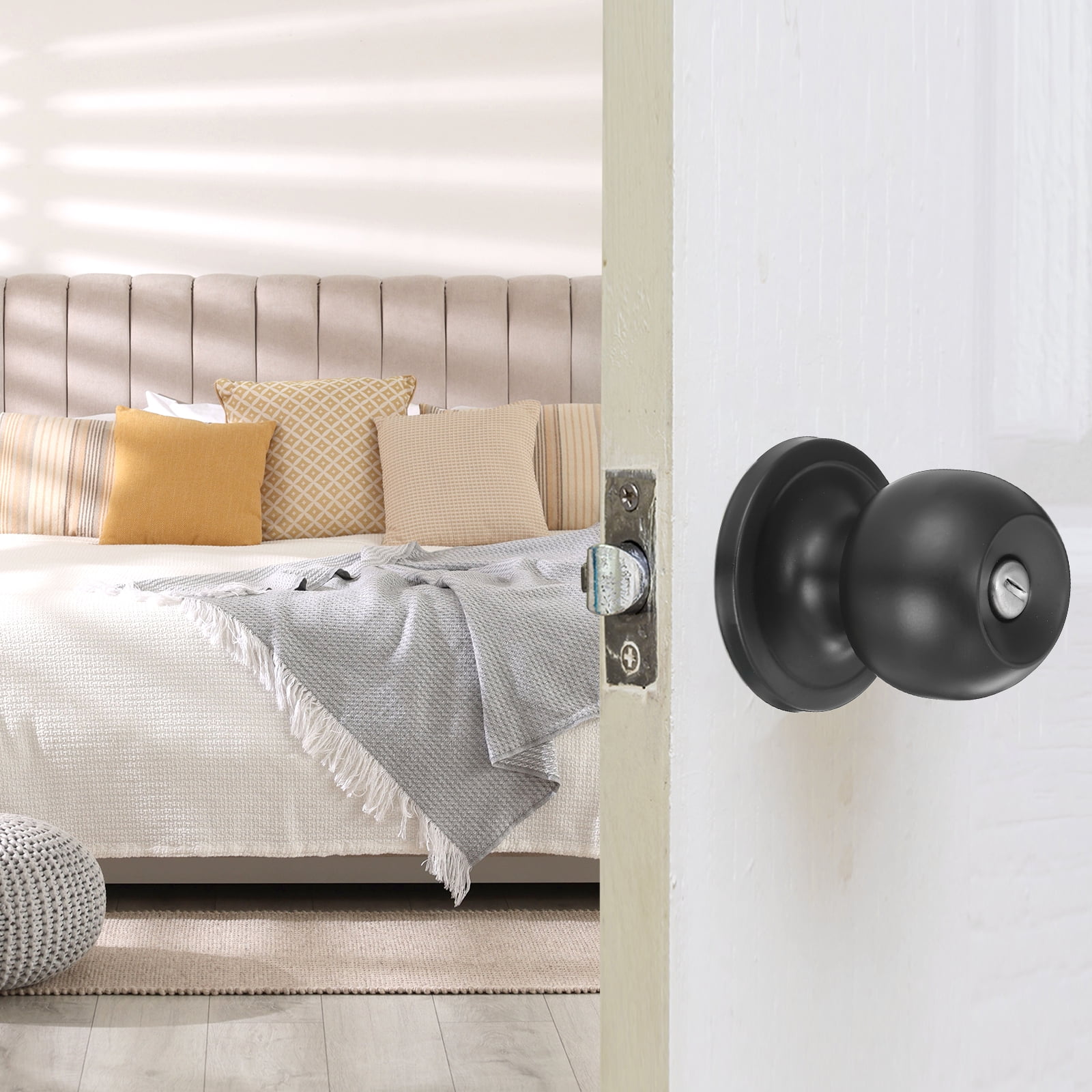 2 Pack Privacy Door Knob, Round Interior Door Handles Keyless Turn Lock Doorknob with Screws Fits 1.77"-2.56" Thickness for Bedroom, Bathroom Closets, Black