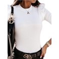 thumbnail image 3 of Women’s Knit Tops Ruffle Trim Long Sleeve Crew Neck Solid Color Slim Fit Blouse, 3 of 8