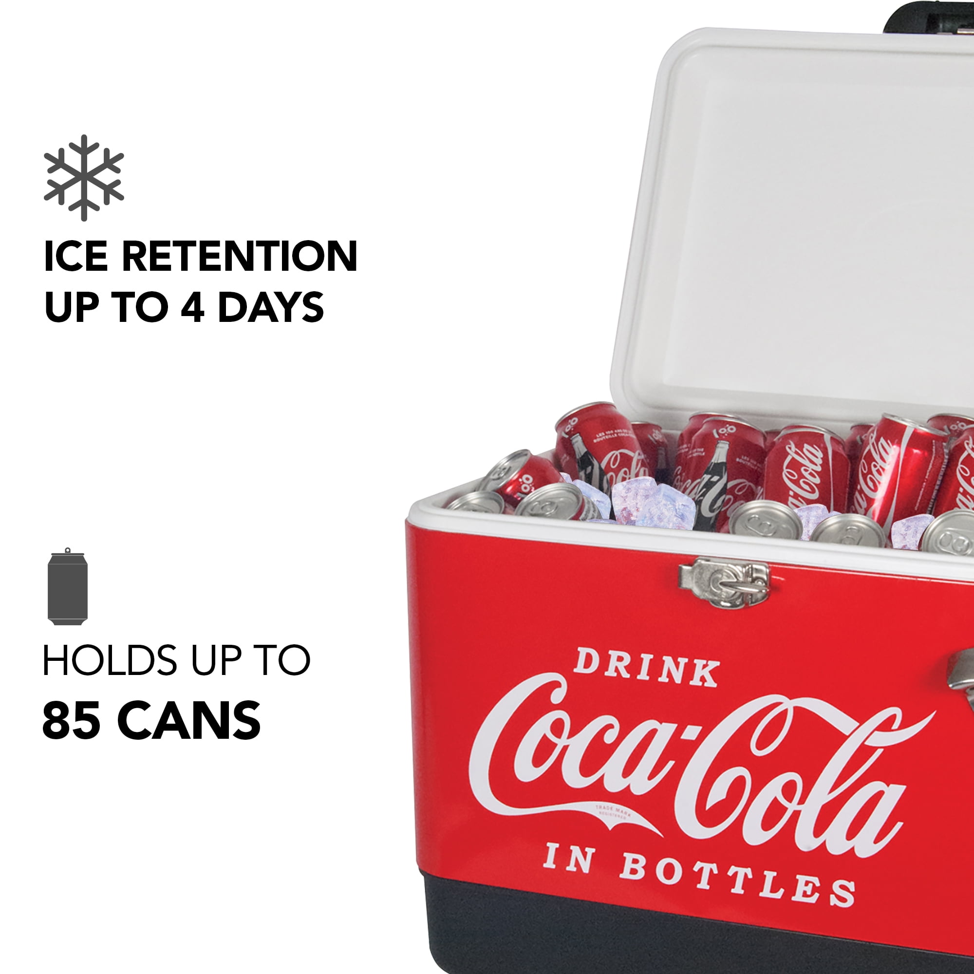 Coca-Cola 51L (54 qt) Ice Chest Beverage Cooler, 85 Can Capacity, Portable with Bottle Opener, Red and Black