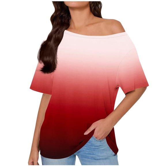 Erwazi Women's Printed T-Shirt Off Shoulder Crewneck Loose Short Sleeve Blouse Top