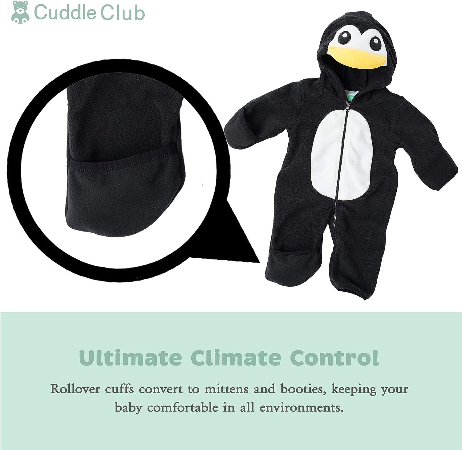 Cuddle Club One Piece Romper Hooded Fleece Onesie Jumper for Baby, Penguin 0-3 Mos