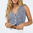 thumbnail image 2 of BYHONG Denim Corset Top For Women Button Down Denim Vest Sleeveless V Neck Washed Distressed Jean Jacket Blue S, 2 of 9