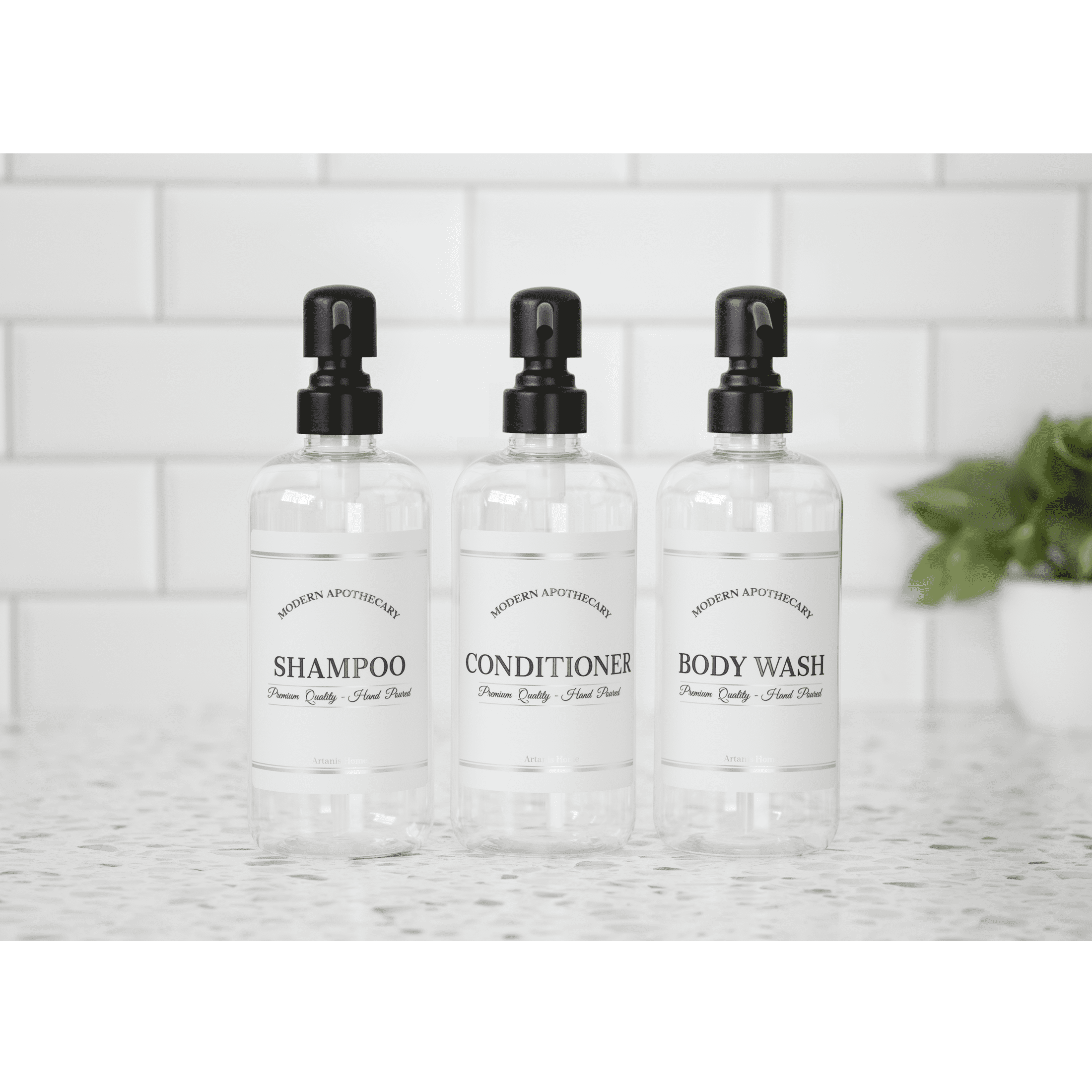 Artanis Home Clear Refillable Body Wash, Shampoo and Conditioner Bottles - PET Plastic Shampoo Bottles with Black Satin Pumps and "Modern Apothecary" Labels- 16 oz, 3 Pack