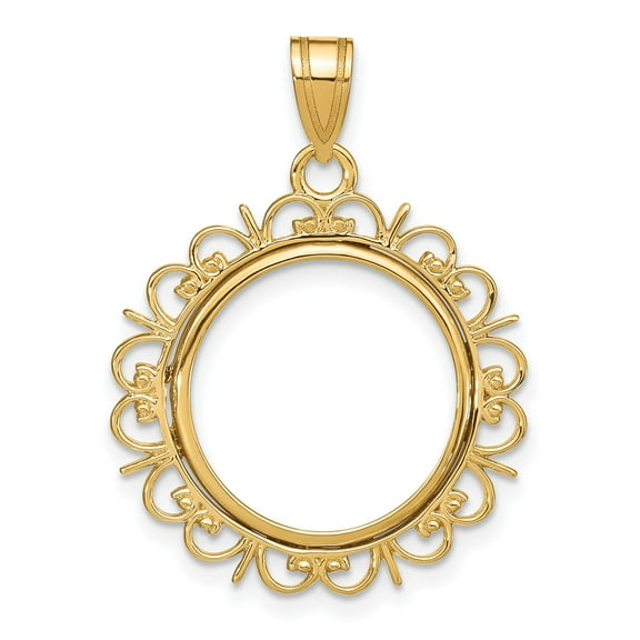 14k Yellow Gold Fancy Design Frame Prong Setting Coin Bezel Pendant Mounting - Fits 16.5mm