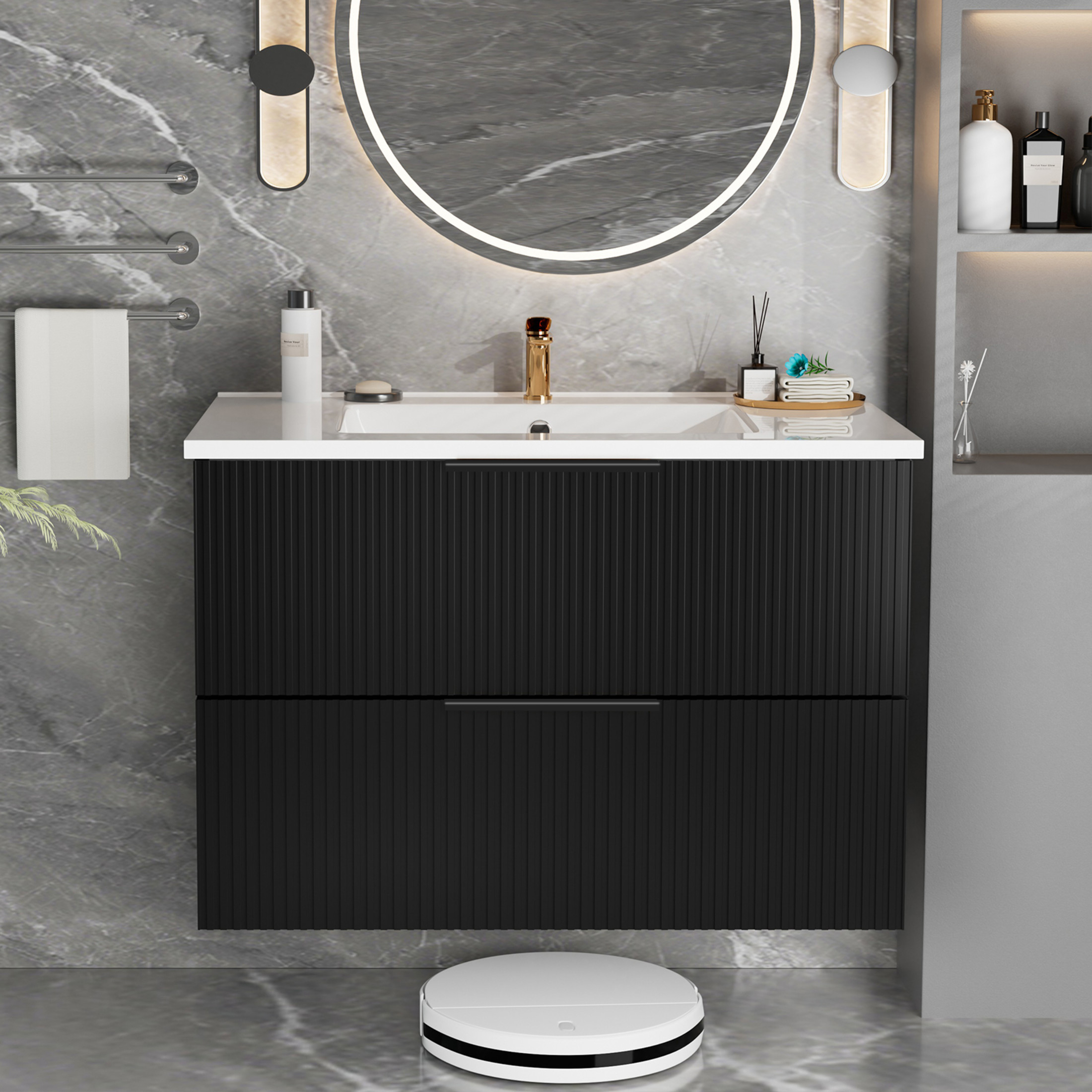 Noble House 36" Wall Mounted Floating Bathroom Vanity with Sink, 2 Drawers, Modern Cabinet, Matte Black