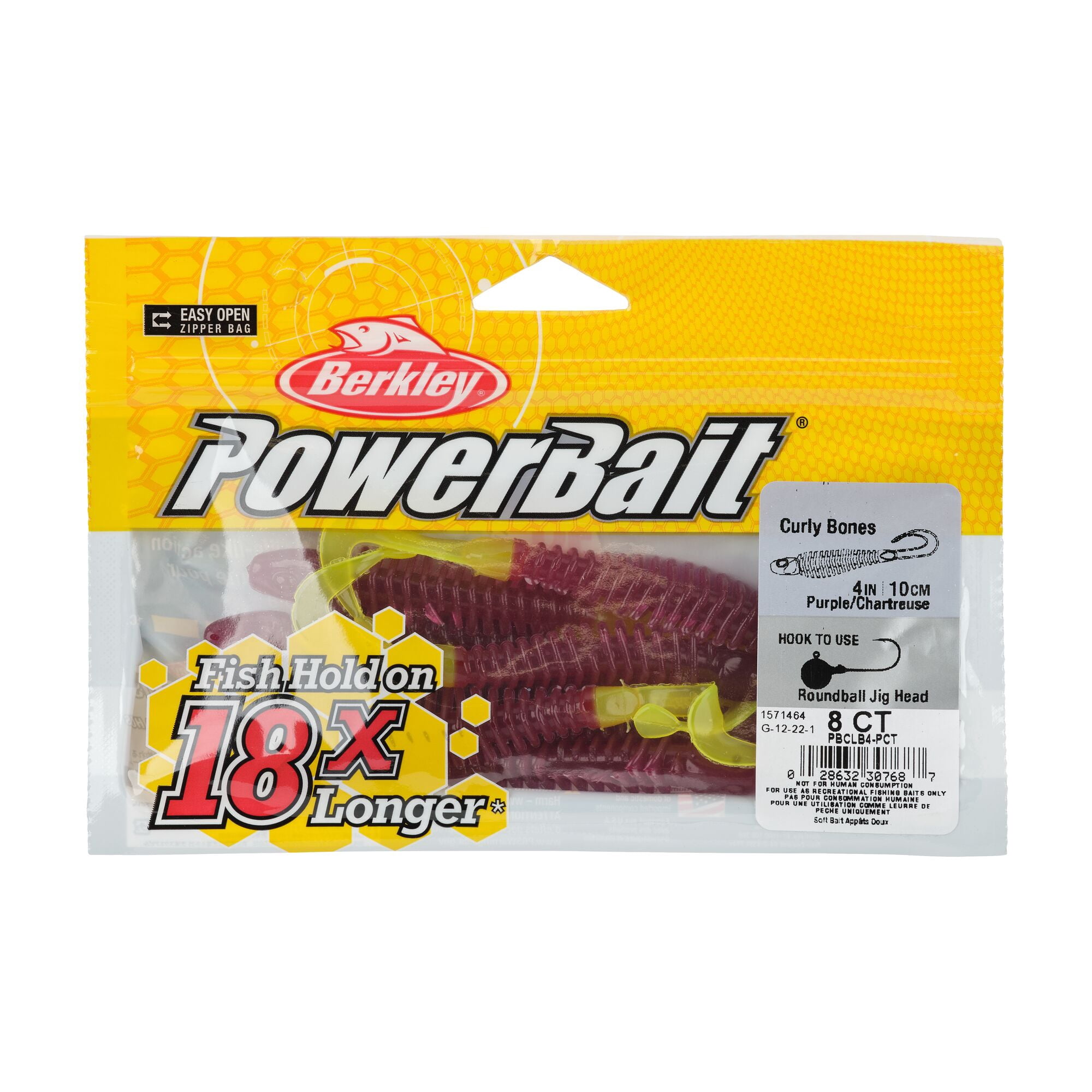 Berkley PowerBait® Curly Bones, 4 in, Swimbaits, Purple/Chartreuse (8-count)