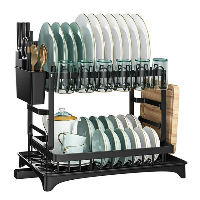 Escurridor de Trastes Acero Inoxidable Sobre Fregadero, 2 Niveles Escurridor de Platos con Sistema de Drenaje Automático, Soporte para Utensilio Y Tabla de Cortar, Estante de vaso, Apto a Cocina