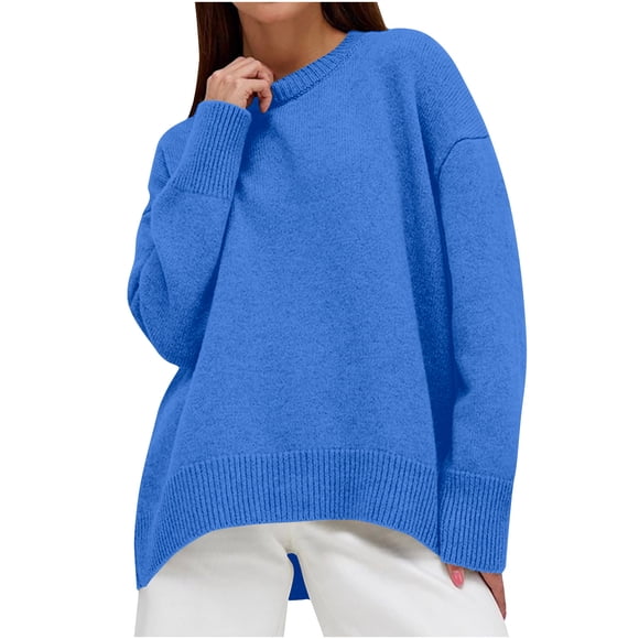 Dealovy Round Neck Blouses for Women Loose Long Sleeve Solid Color Pullover Oversized Soft Knitted Fall Winter Top
