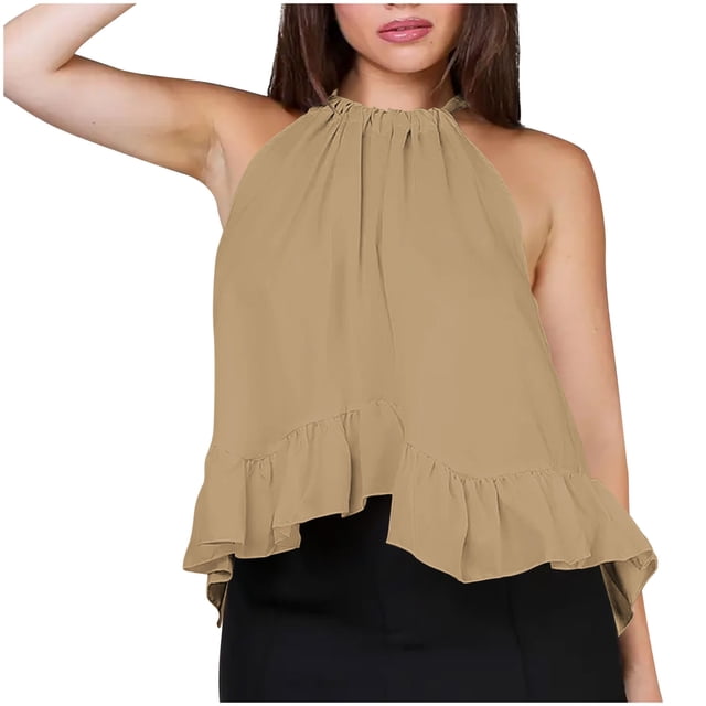 Débardeurs pour Femmes Ourlet à Volants devant Camisole Plissée Lacée Col Ajustable Débardeurs Basiques Simples Chemises Amples Habillées Pulls Blouses Vêtements de Vacances à la Plage