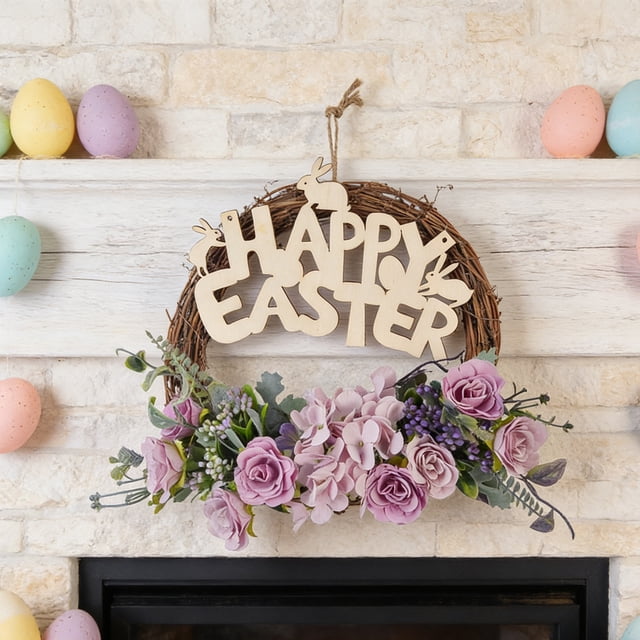 Plastic Easter Wreath, Holiday Wall Hanging With Spring-Inspired Styling, for Indoor Festive Display, Purple