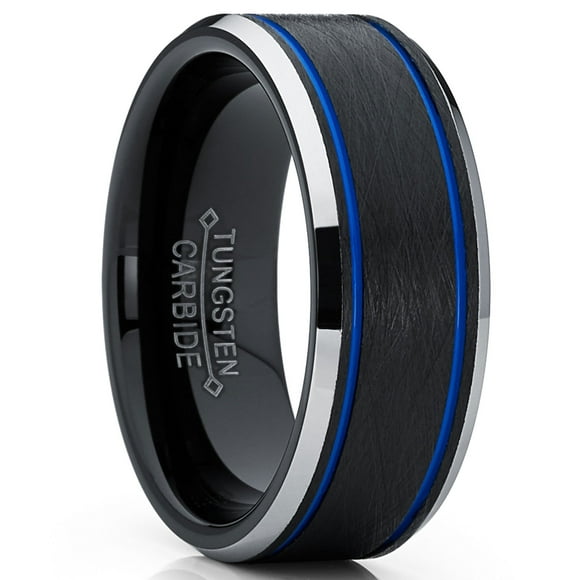 Men's Tungsten Carbide Black and Blue Textured Wedding Band Ring Comfort Fit 8mm 8