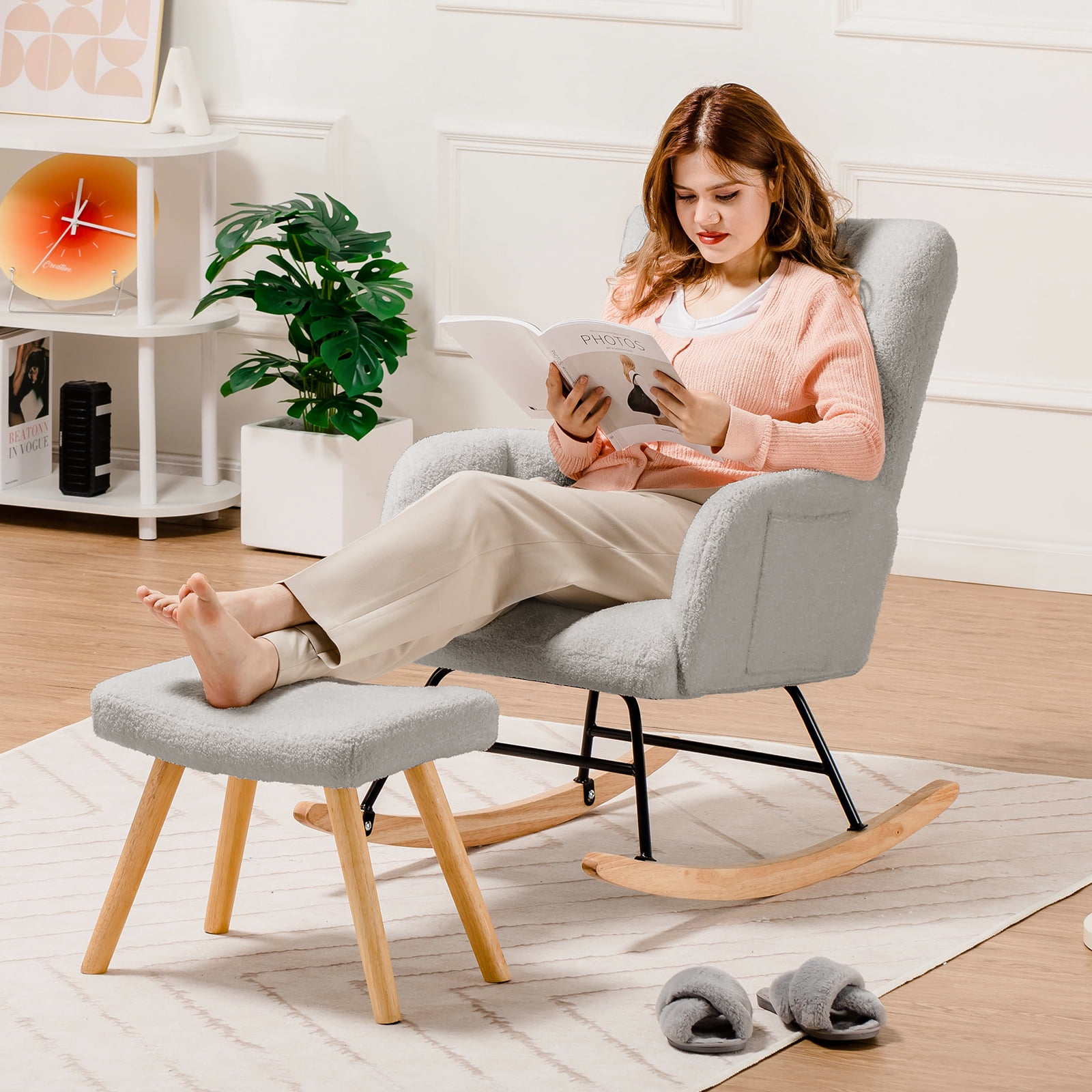 COMHOMA Nursery Rocking Chair with Ottoman, Teddy Glider Rocking Chair, Accent Chair with High Backrest Reading Chair for Adult, Nursery, Bedroom, Living Room, Offices,Gray