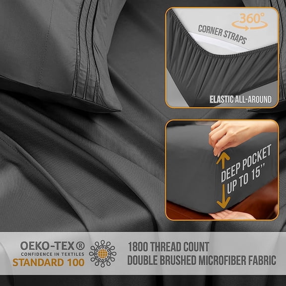 Queen Sheet Set - Luxury Hotel Bed Sheet - Soft Cooling Sheets with Elastic Corner Straps - Deep Pockets Microfiber Bedsheet - Bedding Sheets & Pillowcases - 4 Piece (Queen Size, Gray)