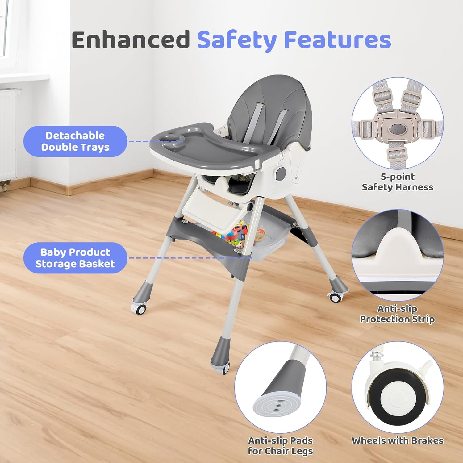 Cochildor 6 in 1 Foldable Baby High Chair, Convertible High Chair, Infant Highchair, Toddlers Booster & Convenient for Travel, Gray